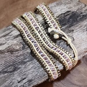 Boho Bronze Tone, Cream and Pink Crystals Wrap Bracelet